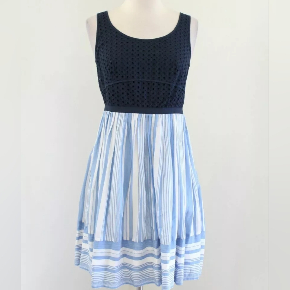 LOFT Navy and Light Blue Striped Midi Dress